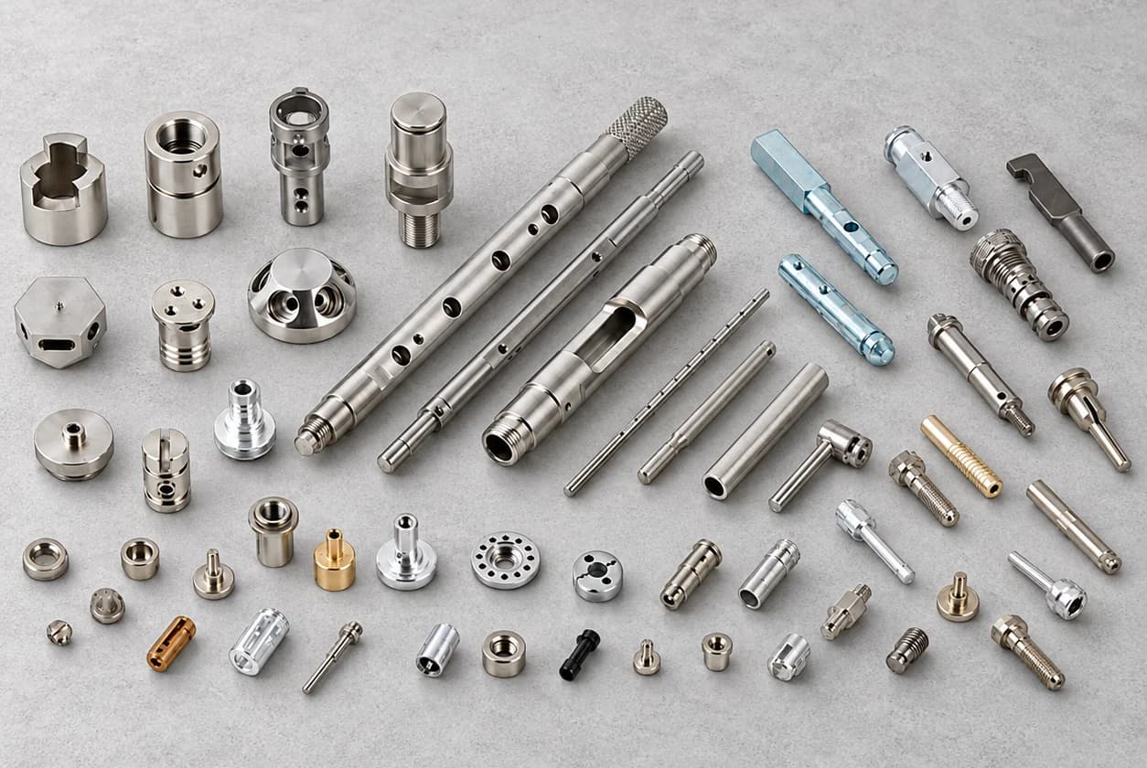 Assorted shafts, sleeves and threaded machined components arranged on a concrete surface